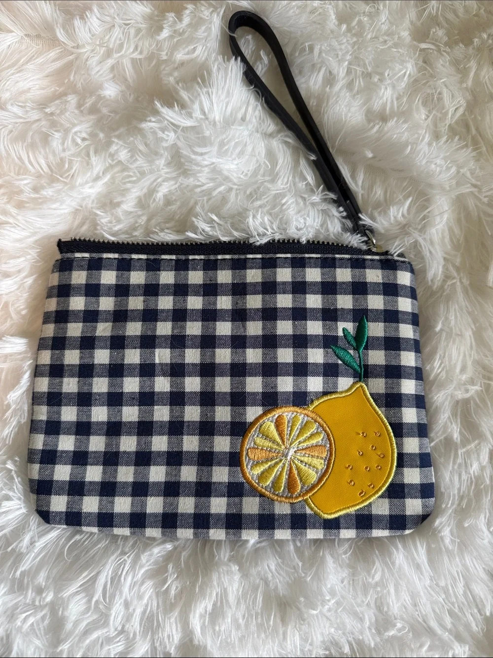 Canvas Check Wristlet Pouch with Yellow Lemon Patch